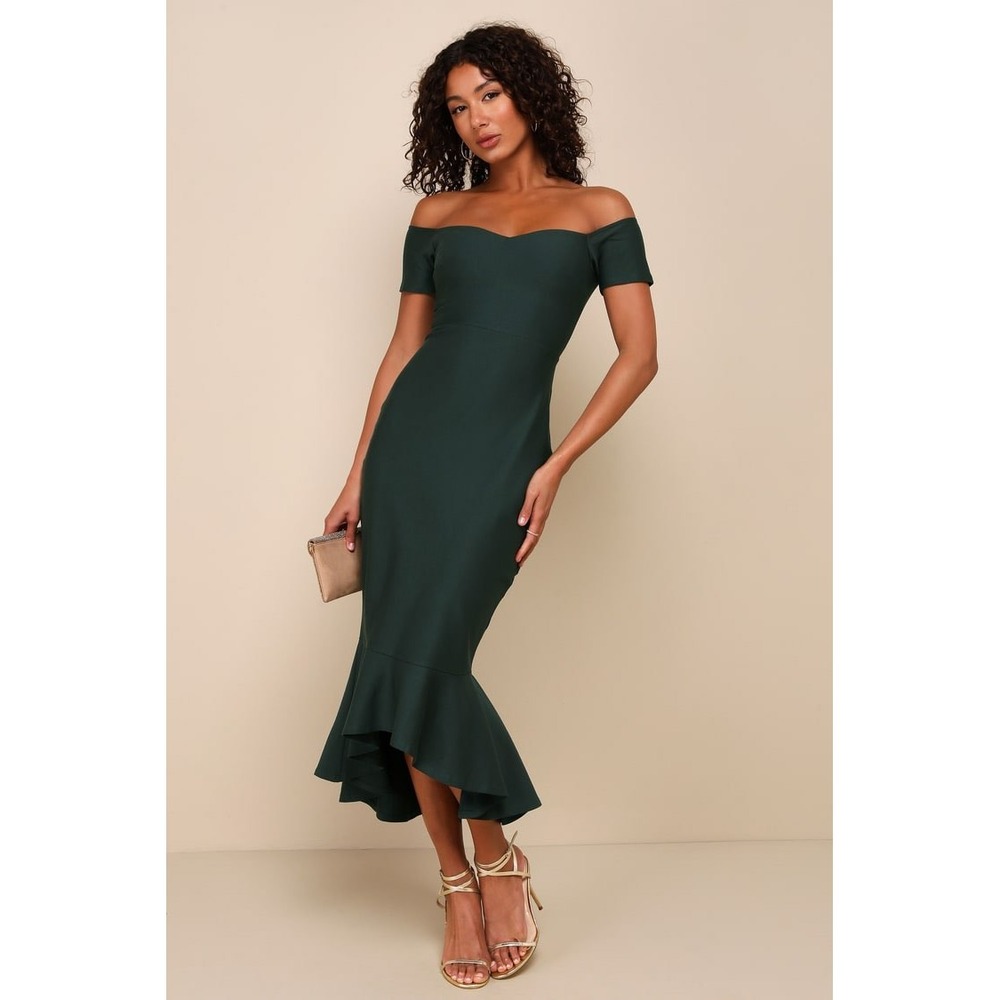 Lulus Dark Green Off The Shoulder Mermaid High Low Hem Midi Dress NWT Medium
